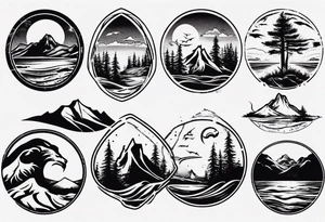 forearm tattoo with mountains, beach, waves, sunset, camping, trees tattoo idea