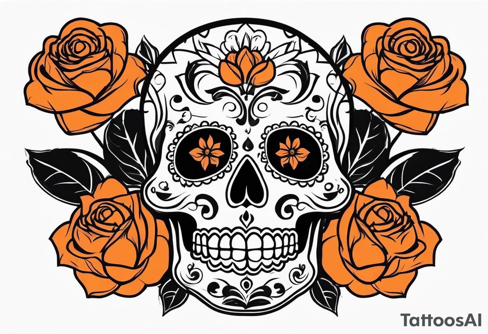 Sugar skull with roses that are orange and black with smoke around it tattoo idea