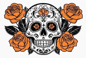 Sugar skull with roses that are orange and black with smoke around it tattoo idea