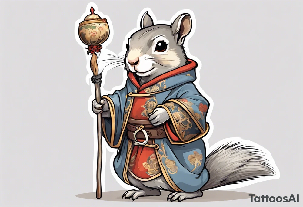 a grey squirrel dressed in a medieval tunic holding a white staff tattoo idea
