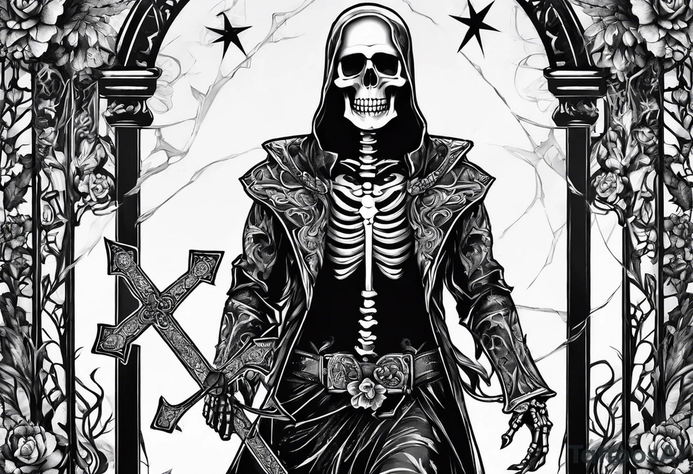 skeleton walking with a cross tattoo idea