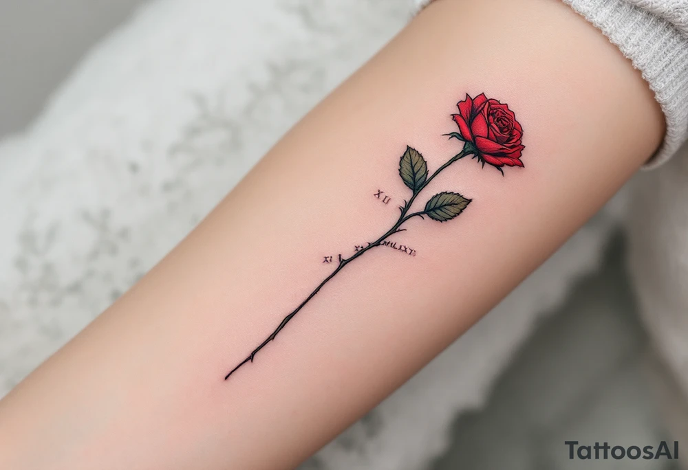 XII•XXX•MCMLXIX underneath a red rose tattoo idea