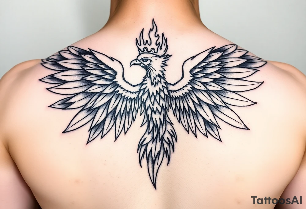 powerful majestic phoenix with crown of fire, with large wings tattoo idea