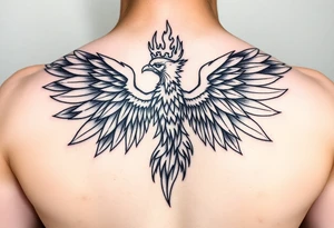 powerful majestic phoenix with crown of fire, with large wings tattoo idea