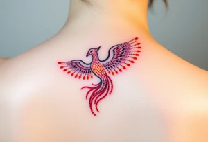 Square, phoenix rising from fire with both wings opened, colors red, pink, orange and purple. tattoo idea