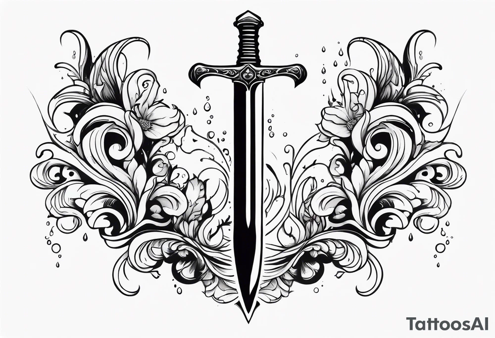 Feminine magical dagger with a splash of water swirling around it no flowers tattoo idea