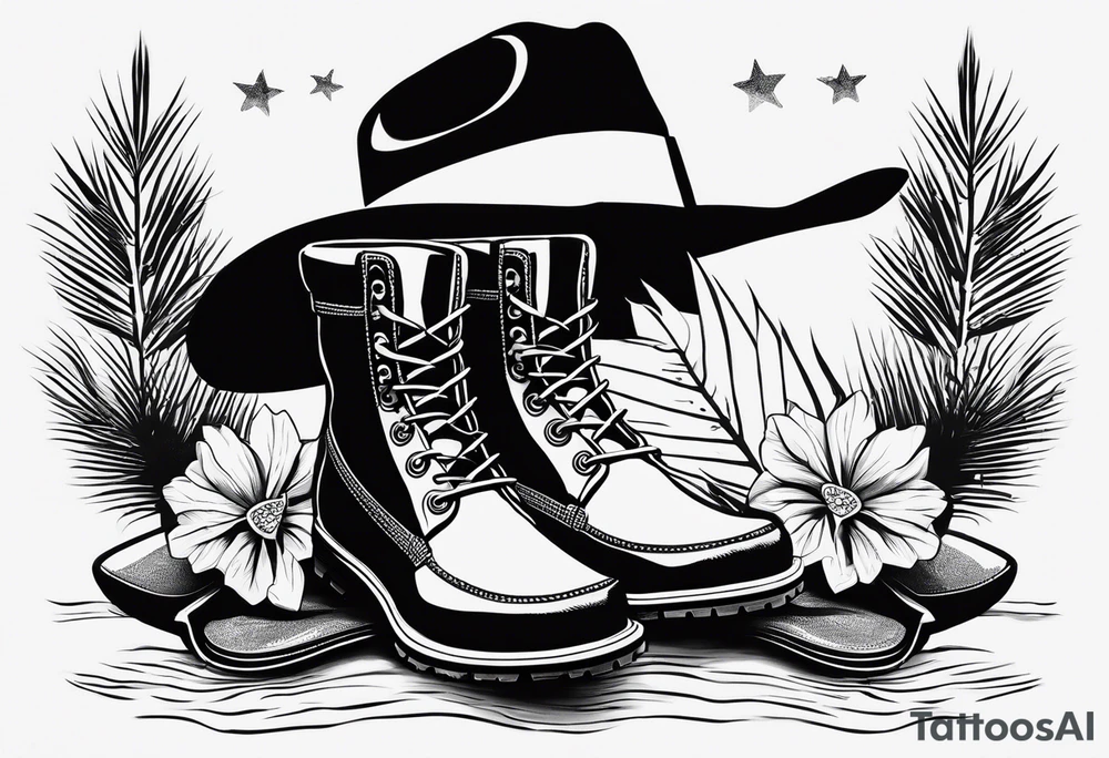 Keep it simple. A pair of timberland boots next to two flip flops and a cowboyhat on the Beach. tattoo idea