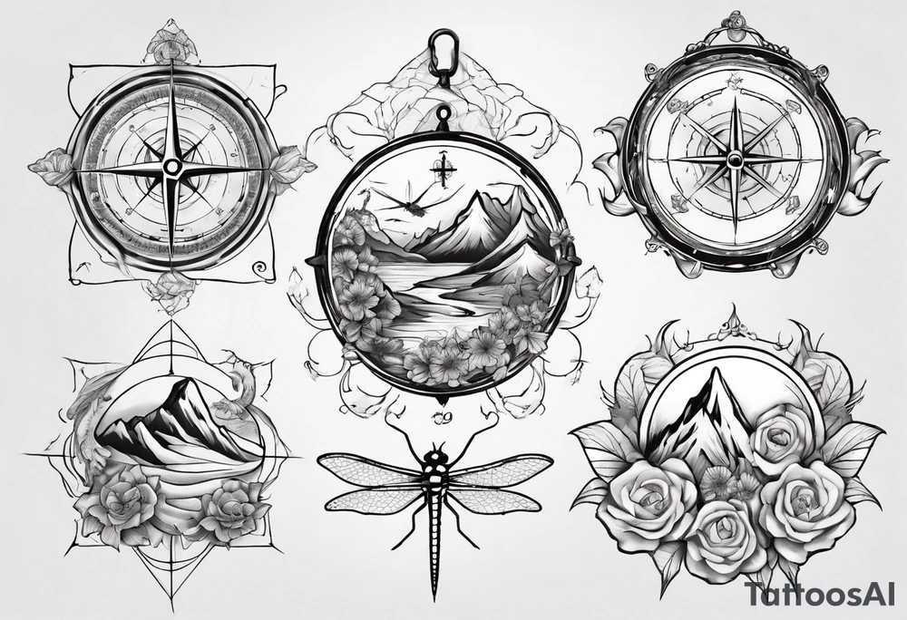 Compass, waves, mountains,
with flowers and dragon fly tattoo idea