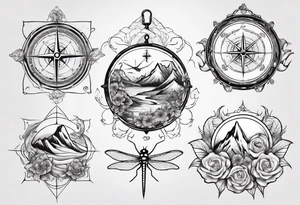 Compass, waves, mountains,
with flowers and dragon fly tattoo idea