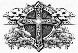 Cross with clouds and sun rays tattoo idea