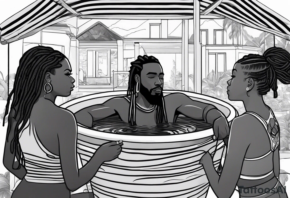Black guy with dreads inside a foam cup like it’s a jacuzzi with two girls tattoo idea