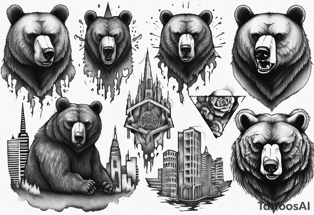 Serious bear coming up behind a city tattoo idea