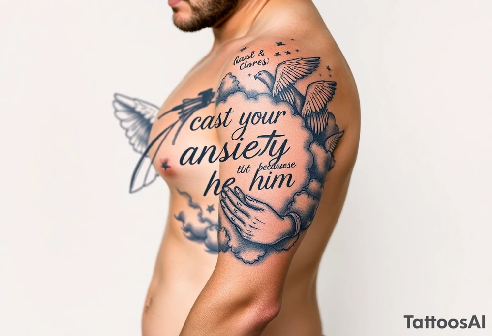 cast all your anxiety on him because he cares for you"  surrounded with clouds and angels and praying hands tattoo idea