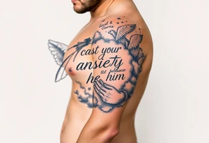 cast all your anxiety on him because he cares for you"  surrounded with clouds and angels and praying hands tattoo idea