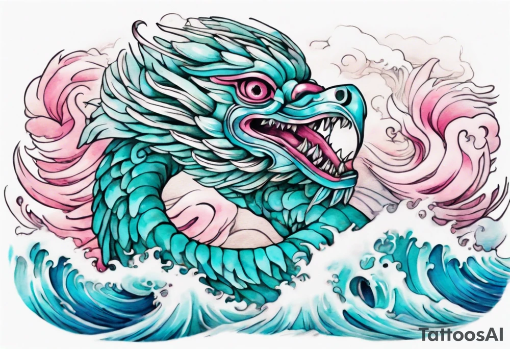 a turquoise and white and pink sea Quetzalcoatl with beautiful eyes emerging from the blue waves of the ocean tattoo idea