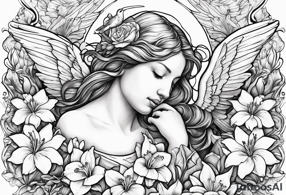 crying angel with head tilted down surrounded by lily, daffodil, rose, daisy, narcissus with a hummingbird tattoo idea