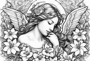 crying angel with head tilted down surrounded by lily, daffodil, rose, daisy, narcissus with a hummingbird tattoo idea