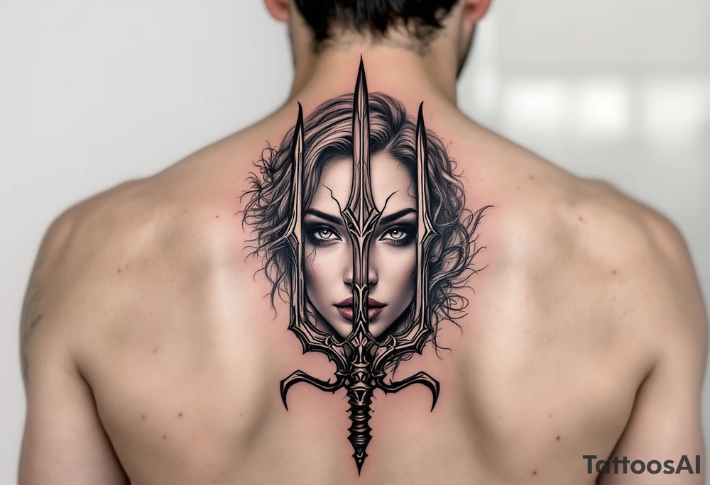 gentle woman face behind trident tattoo idea