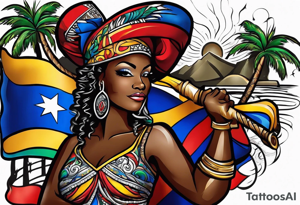 create a haitian glag theme tattoo that embodies salsa dancing, christian faith, and public speaking tattoo idea