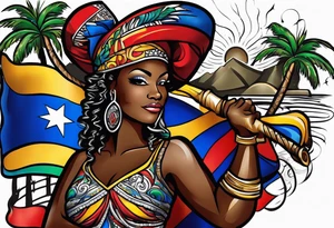 create a haitian glag theme tattoo that embodies salsa dancing, christian faith, and public speaking tattoo idea