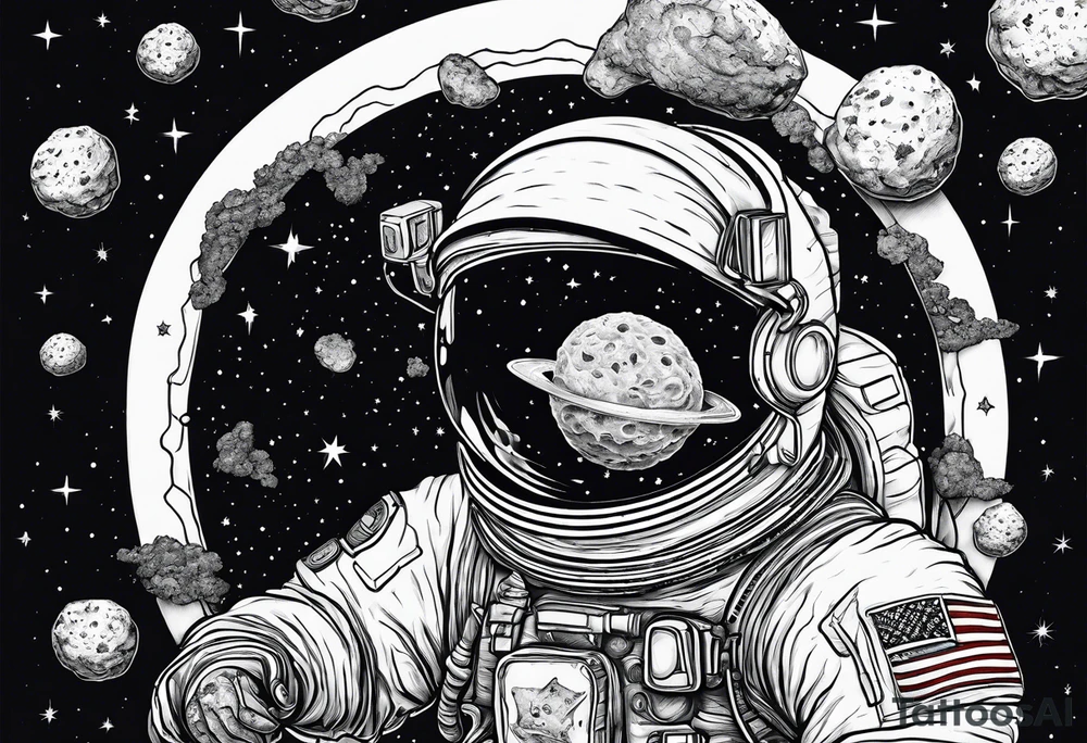 a picture of an astronaut eating a chicken nugget 
while floating in space showing the full body tattoo idea