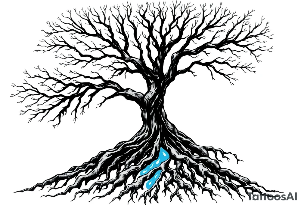 Black and white deciduos Tree with roots. Blue water inside the whole tree like many thin veins, flows from the brunches to the roots tattoo idea