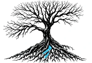 Black and white deciduos Tree with roots. Blue water inside the whole tree like many thin veins, flows from the brunches to the roots tattoo idea