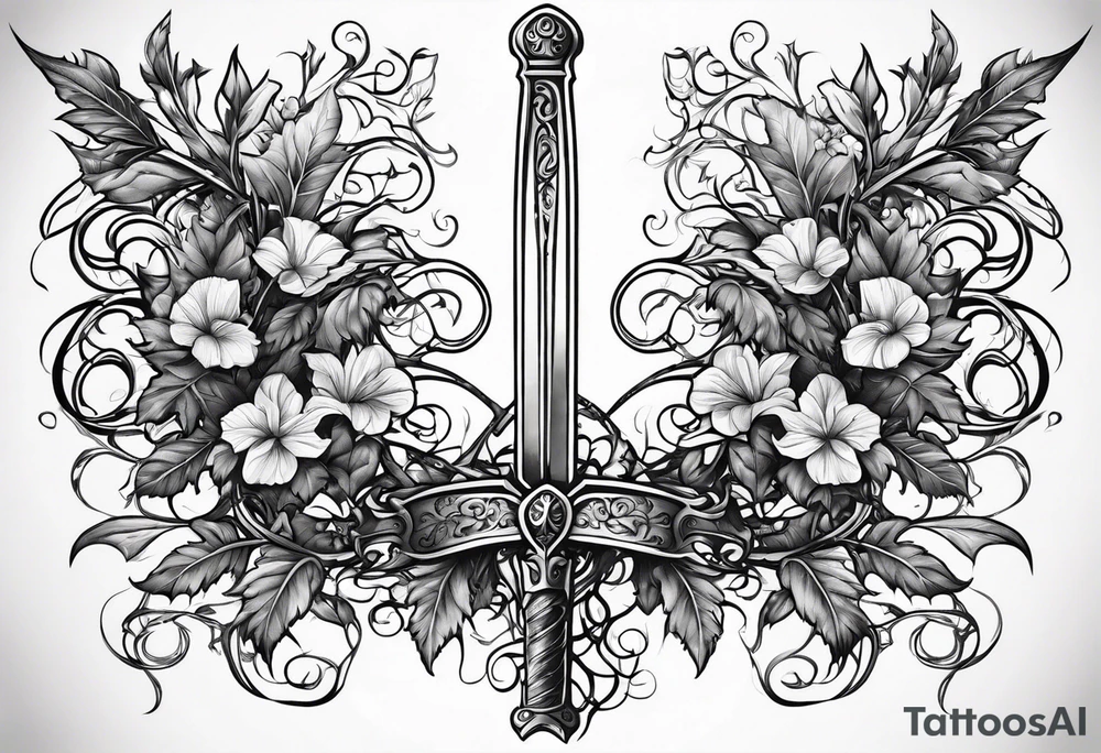 Leafy vines with sword tattoo idea