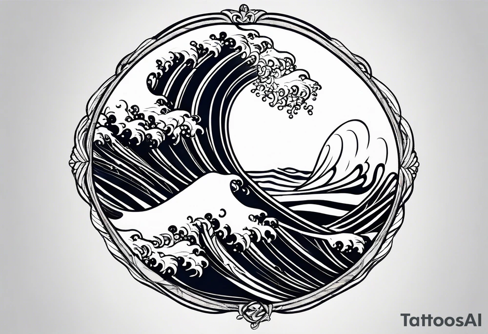 waves;  
"come what may" written underneath; outside forearm not an oval tattoo idea