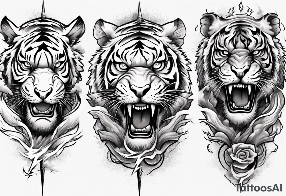 A thundergod tiger forearm sleeve tattoo, with lightning and clouds filling the area tattoo idea