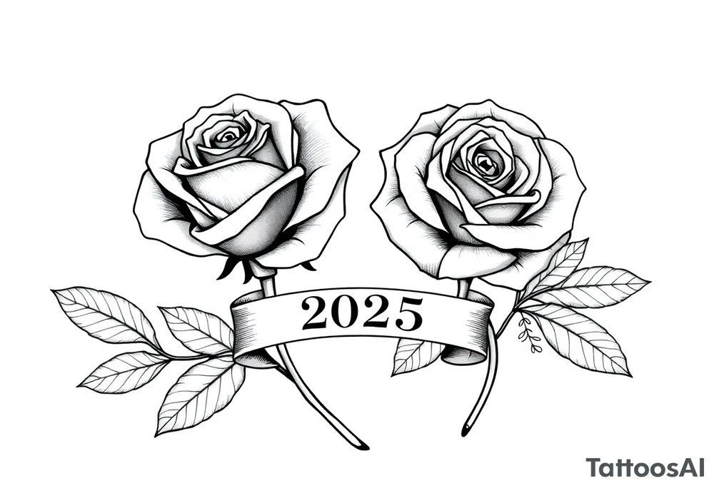two beautiful large rose buds, one larger than the other, with lots and lots of leaves next to the rose buds, with one sitting slightly higher than the other, side-by-side.  Include a banner connecting the two roses with the year 2025 on it.   Use dark outlines with little shading. No stems tattoo idea