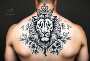 powerful majestic lion with a crown, surrounded by floral ornaments and birds tattoo idea