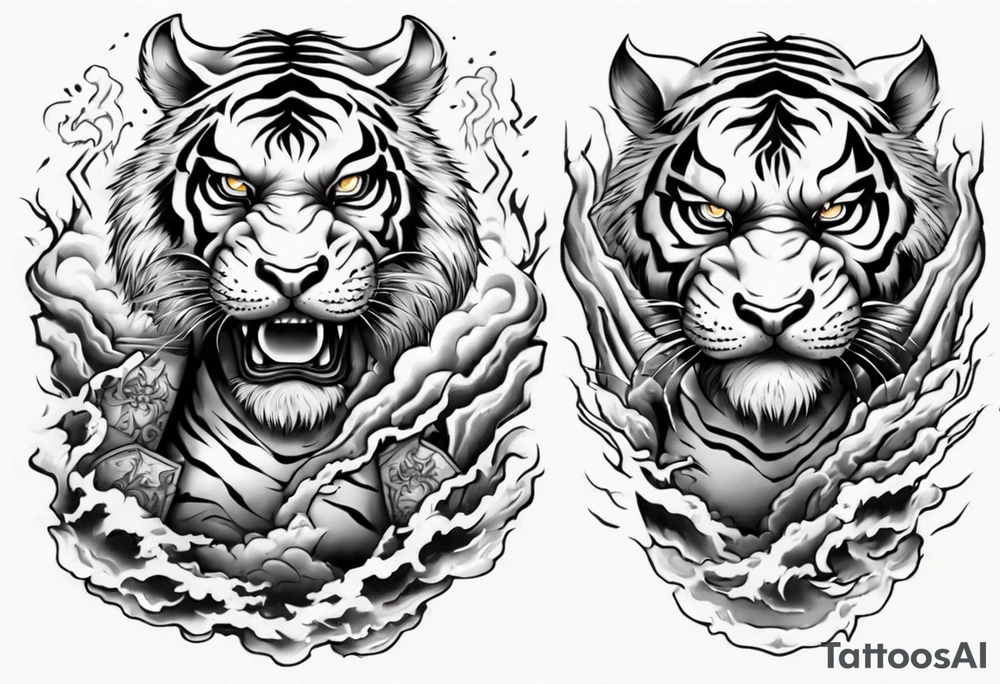 Tiger Warrior sleeve tattoo with lightning and the sun
Forearm sleeve tattoo idea
