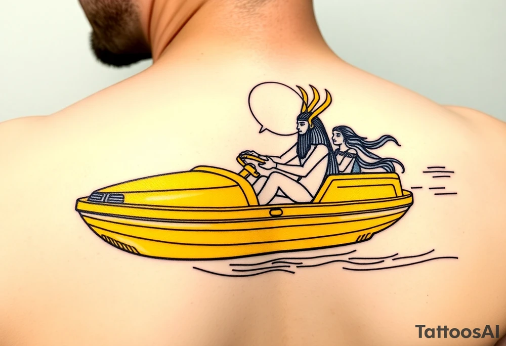 "Anubis driving a yellow Uber-styled solar barge.  
Passengers:  
- Голый Пикассо (из «Ампир V»)  
- Алиса (с табличкой 'Аид – 5★')  
Meter reads: *'SOUL: 4.8 rating (would not reincarnate)'*.  

Style: Urban hieroglyph. Black/yellow. Calf." tattoo idea