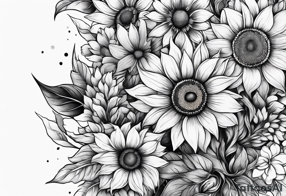 Full leg sleeve with purple, orange and blue sunflowers tattoo idea