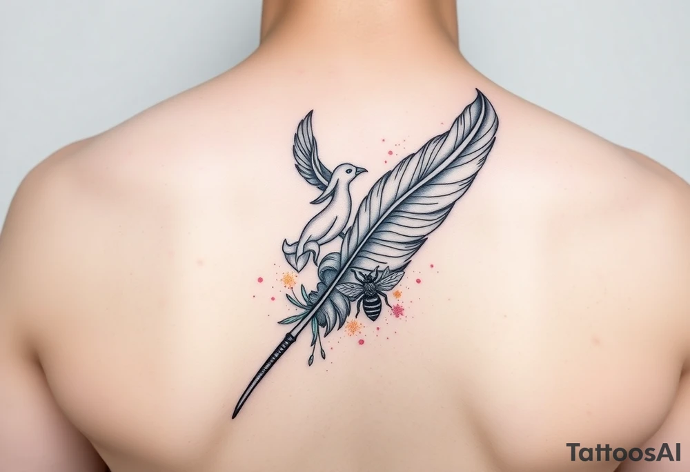 A fine-line feather as the main form with a phoenix rising subtly from the feather’s tail, flowing upward. An ECG heartbeat line integrated naturally into the feather’s spine. within the feather Embedded tiny symbols: A ballet pointe shoe with ribbon, A paper crane, A heart with a musical note , a worker bee and a black swan. 
Mainly back fine line with Soft watercolour accents in blush pink, sage green, with gentle golden or teal touches tattoo idea