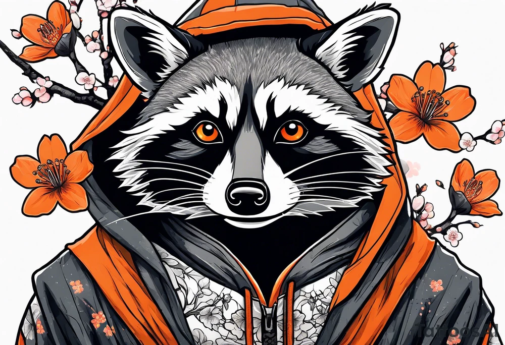 raccoon wearing a black and white Superman hoodie and orange Japanese cherry blossoms tattoo idea