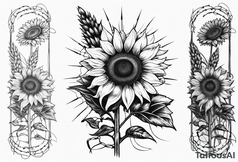 Sunflower, wheat, and barbed wire half sleeve tattoo idea