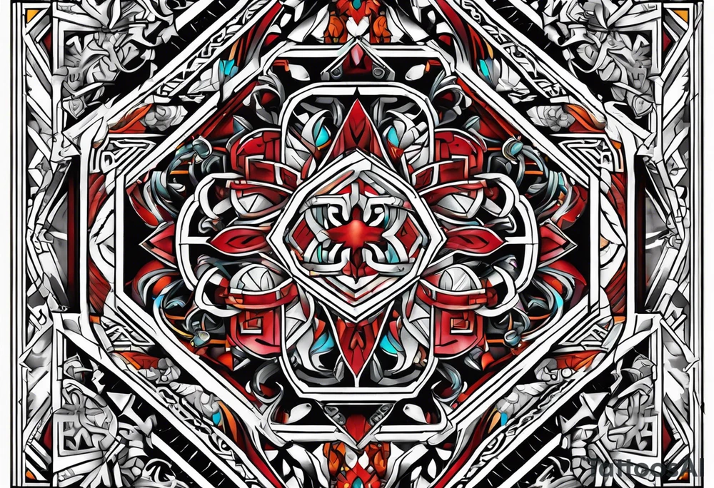 Viking geometric tapestry tattoo idea