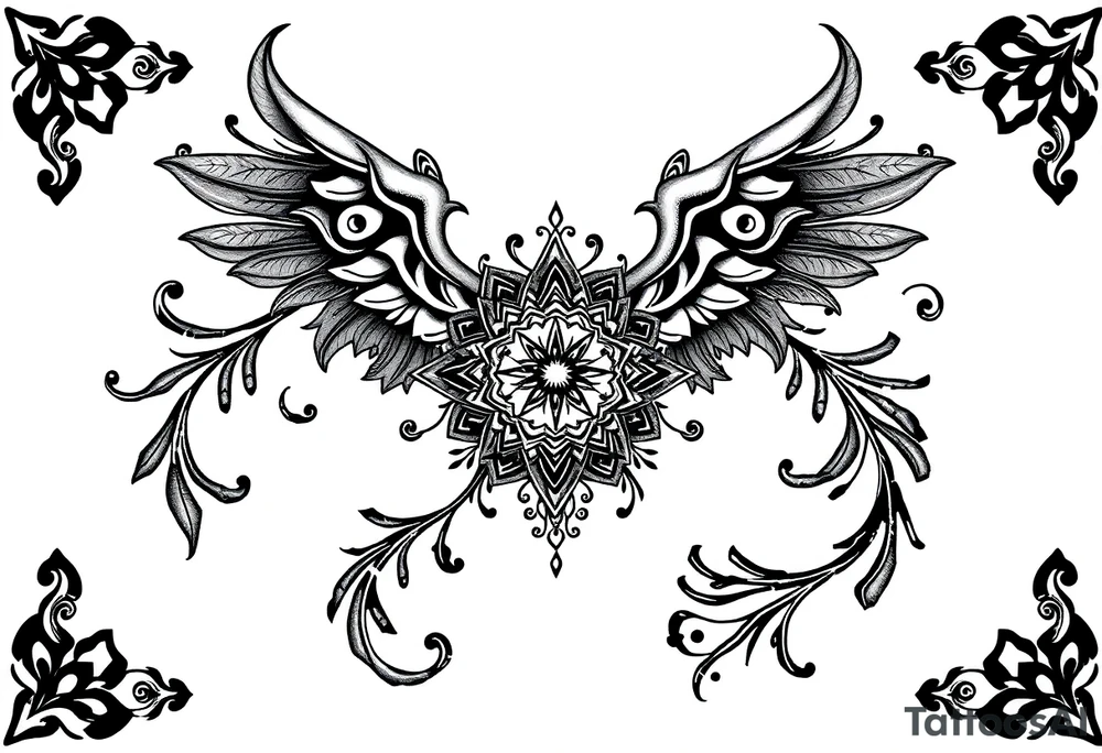 mytical shaman and mytolog style ornametn with ancient rhyme tattoo idea