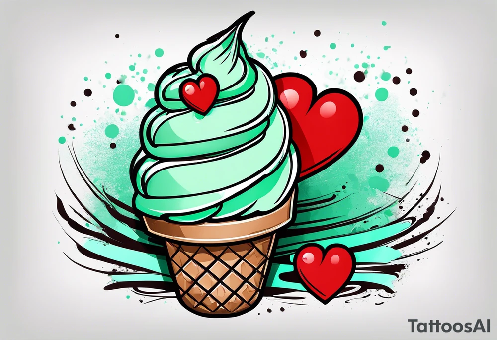 simple mint chocolate chip ice cream cone with small red heart on it somewhere. tattoo idea