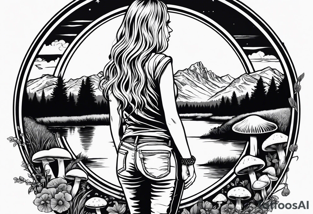 Whole picture encircled fully

Straight long blonde hair hippie girl in distance holding mushrooms in hand facing away toward mountains and creek surrounded by mushrooms long sleeve shirt and hiking pants; whole rendering within a full circle, no cut off circle tattoo idea