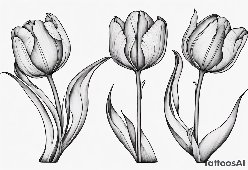 Generate a compelling tattoo design featuring three tulips with intertwining stems. Emphasize the graceful entwining of the stems, creating a harmonious and visually captivating composition. Each tulip should showcase distinct characteristics, from the delicate curves of the petals to the intricate details of the stamen. Consider incorporating elements that symbolize unity, growth, and interconnectedness. Capture the essence of nature's beauty while ensuring the overall design is balanced and aesthetically pleasing. tattoo idea