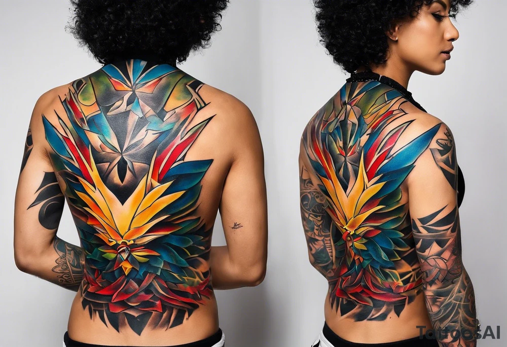 Wide tattoo that appears to be bursting out of the skin, symbolizing freedom. The tattoo should be vibrant and dynamic, with bold lines and colors that evoke a sense of liberation and empowerment. Consider incorporating elements such as broken chains, or other symbols of freedom. The tattoo should be visually striking and thought-provoking, inviting the viewer to reflect on the importance of personal freedom. tattoo idea