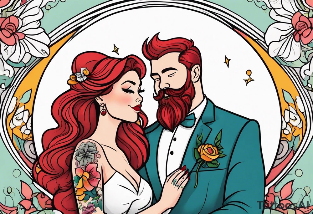 Busty red haired woman and a bearded man with black hair getting married tattoo idea