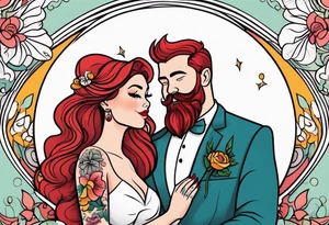 Busty red haired woman and a bearded man with black hair getting married tattoo idea
