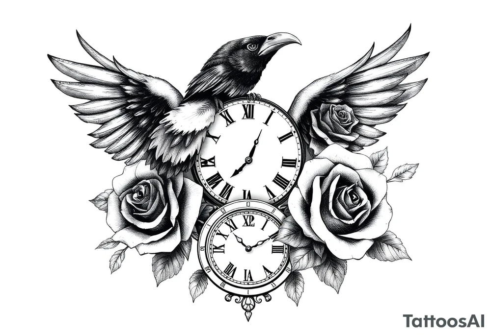 raven,roses,clock. tattoo idea