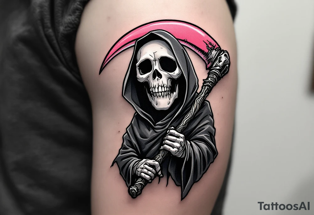 A comic-style Reaper in grayscale with a bubblegum-pink scythe for surreal contrast. tattoo idea
