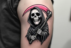 A comic-style Reaper in grayscale with a bubblegum-pink scythe for surreal contrast. tattoo idea