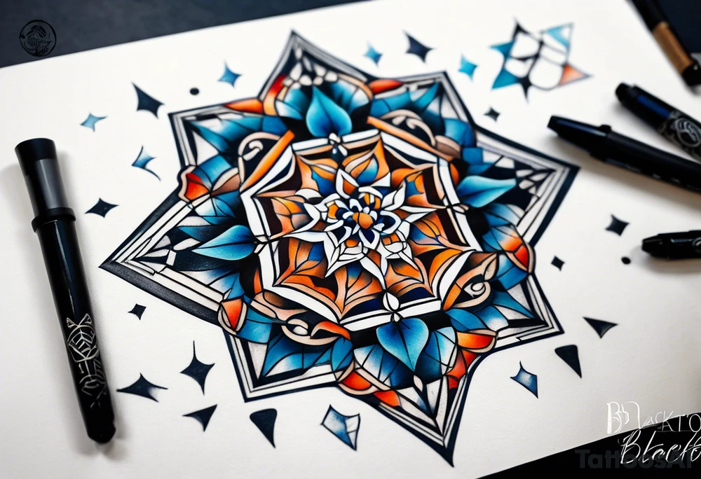 semi Detailed neo traditional knee tattoo flat on paper. The tattoo features geometric patterns and bold lines, creating a visually striking design with slight tints of deep fall colors. The background 
outside the tattoo features deep blues washes and water swirls tattoo idea
